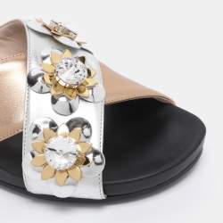Pre Owned Fendi Gold/Silver Leather Crisscross Flowerland Slide Flats Size 36
