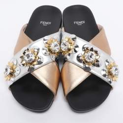 Pre Owned Fendi Gold/Silver Leather Crisscross Flowerland Slide Flats Size 36