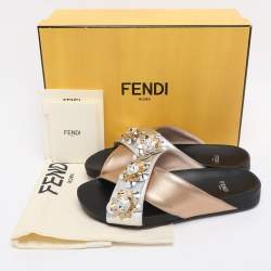 Pre Owned Fendi Gold/Silver Leather Crisscross Flowerland Slide Flats Size 36