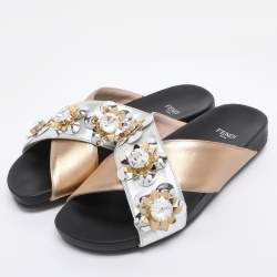 Pre Owned Fendi Gold/Silver Leather Crisscross Flowerland Slide Flats Size 36