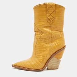 Pre Owned Fendi Yellow Croc Embossed Leather Cowboy Mid Calf Boots Size 35