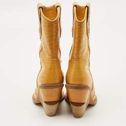 Pre Owned Fendi Yellow Croc Embossed Leather Cowboy Mid Calf Boots Size 35