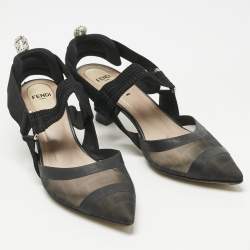 Pre Owned Fendi Black Zucca Mesh and Canvas Colibri Slingback Pumps Size 37.5