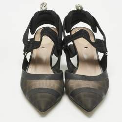 Pre Owned Fendi Black Zucca Mesh and Canvas Colibri Slingback Pumps Size 37.5