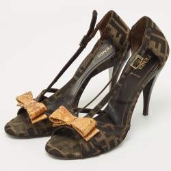 Pre Owned Fendi Tobacco Zucca Canvas And Python Leather Bow Slingback Sandals Size 40