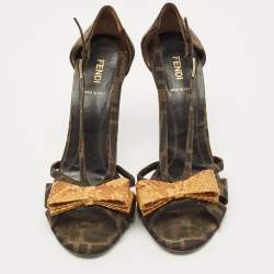 Pre Owned Fendi Tobacco Zucca Canvas And Python Leather Bow Slingback Sandals Size 40