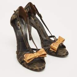 Pre Owned Fendi Tobacco Zucca Canvas And Python Leather Bow Slingback Sandals Size 40