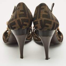 Pre Owned Fendi Tobacco Zucca Canvas And Python Leather Bow Slingback Sandals Size 40