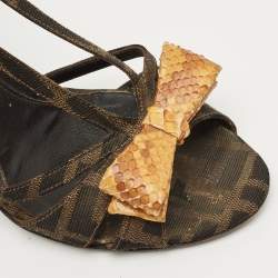 Pre Owned Fendi Tobacco Zucca Canvas And Python Leather Bow Slingback Sandals Size 40