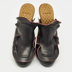 Pre Owned Fendi Black Ruffled Leather Mules Size 38