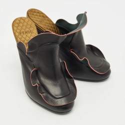 Pre Owned Fendi Black Ruffled Leather Mules Size 38