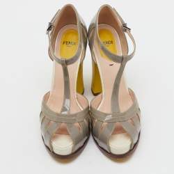 Pre Owned Fendi Light Grey Patent Leather Cut Out T-Strap Platform Sandals Size 38