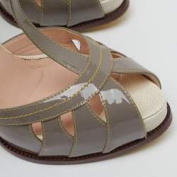 Pre Owned Fendi Light Grey Patent Leather Cut Out T-Strap Platform Sandals Size 38