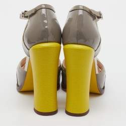 Pre Owned Fendi Light Grey Patent Leather Cut Out T-Strap Platform Sandals Size 38