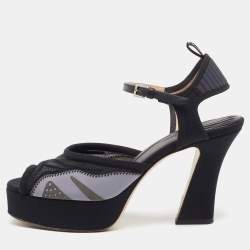 Pre Owned Fendi Black Fabric and Leather Platform Ankle Strap Sandals Size 38.5