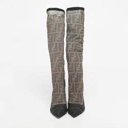 Pre Owned Fendi Black/Beige Zucca Mesh And Fabric Colibri Knee Length Boots Size 37
