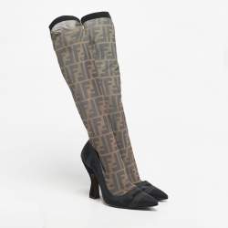 Pre Owned Fendi Black/Beige Zucca Mesh And Fabric Colibri Knee Length Boots Size 37