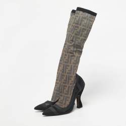 Pre Owned Fendi Black/Beige Zucca Mesh And Fabric Colibri Knee Length Boots Size 37