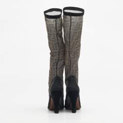 Pre Owned Fendi Black/Beige Zucca Mesh And Fabric Colibri Knee Length Boots Size 37