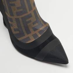 Pre Owned Fendi Black/Beige Zucca Mesh And Fabric Colibri Knee Length Boots Size 37