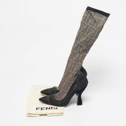 Pre Owned Fendi Black/Beige Zucca Mesh And Fabric Colibri Knee Length Boots Size 37
