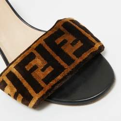 Pre Owned Fendi Black/Brown Zucca Velvet Slide Sandals Size 38