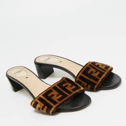 Pre Owned Fendi Black/Brown Zucca Velvet Slide Sandals Size 38