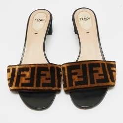 Pre Owned Fendi Black/Brown Zucca Velvet Slide Sandals Size 38