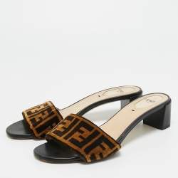 Pre Owned Fendi Black/Brown Zucca Velvet Slide Sandals Size 38