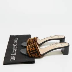 Pre Owned Fendi Black/Brown Zucca Velvet Slide Sandals Size 38