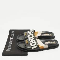 Pre Owned Fendi Black Leather Mania Motif Flat Slide Sandals Size 36.5