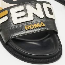 Pre Owned Fendi Black Leather Mania Motif Flat Slide Sandals Size 36.5