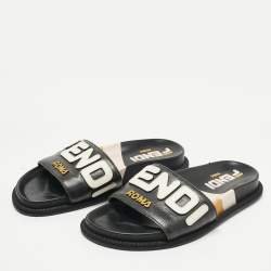 Pre Owned Fendi Black Leather Mania Motif Flat Slide Sandals Size 36.5