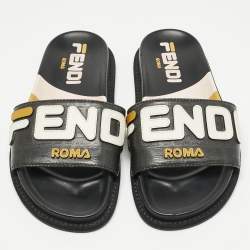 Pre Owned Fendi Black Leather Mania Motif Flat Slide Sandals Size 36.5