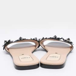 Pre Owned Fendi Black Patent Leather Flower Stud Flat Slides Size 38