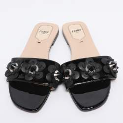 Pre Owned Fendi Black Patent Leather Flower Stud Flat Slides Size 38