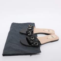 Pre Owned Fendi Black Patent Leather Flower Stud Flat Slides Size 38