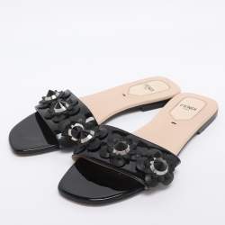 Pre Owned Fendi Black Patent Leather Flower Stud Flat Slides Size 38