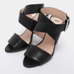 مملوكة مسبقًا Fendi Black Leather Birds of Paradise Ankle Strap Sandals Size 38