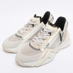 Pre Owned Fendi Cream/White Suede and Mesh Flow Low Top Sneakers Size 39