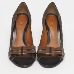 Pre Owned Fendi Brown FF Canvas Bow Peep Toe Pumps Size 36