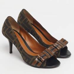 Pre Owned Fendi Brown FF Canvas Bow Peep Toe Pumps Size 36