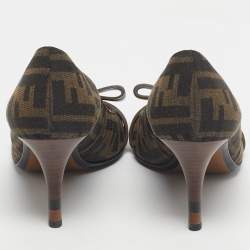 Pre Owned Fendi Brown FF Canvas Bow Peep Toe Pumps Size 36