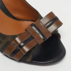 Pre Owned Fendi Brown FF Canvas Bow Peep Toe Pumps Size 36