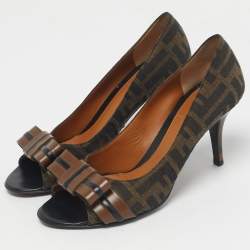 Pre Owned Fendi Brown FF Canvas Bow Peep Toe Pumps Size 36