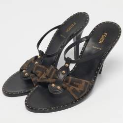 Pre Owned Fendi Brown/Black Zucca Canvas And Leather Slide Sandals Size 41