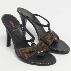 Pre Owned Fendi Brown/Black Zucca Canvas And Leather Slide Sandals Size 41