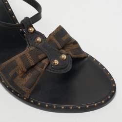 Pre Owned Fendi Brown/Black Zucca Canvas And Leather Slide Sandals Size 41