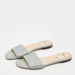 Pre Owned Fendi Grey Satin Logo Embroidered  Flat Slides Size 39.5