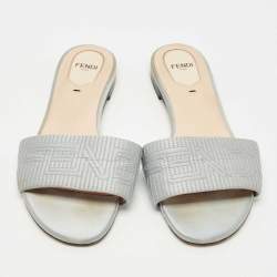 Pre Owned Fendi Grey Satin Logo Embroidered  Flat Slides Size 39.5